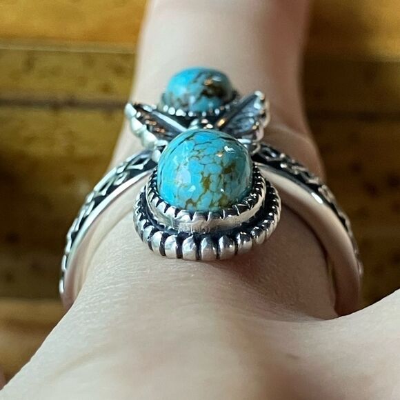 Natural Blue Moon Turquoise Sterling Silver Butterfly Ring Size 7 - Picture 2 of 9